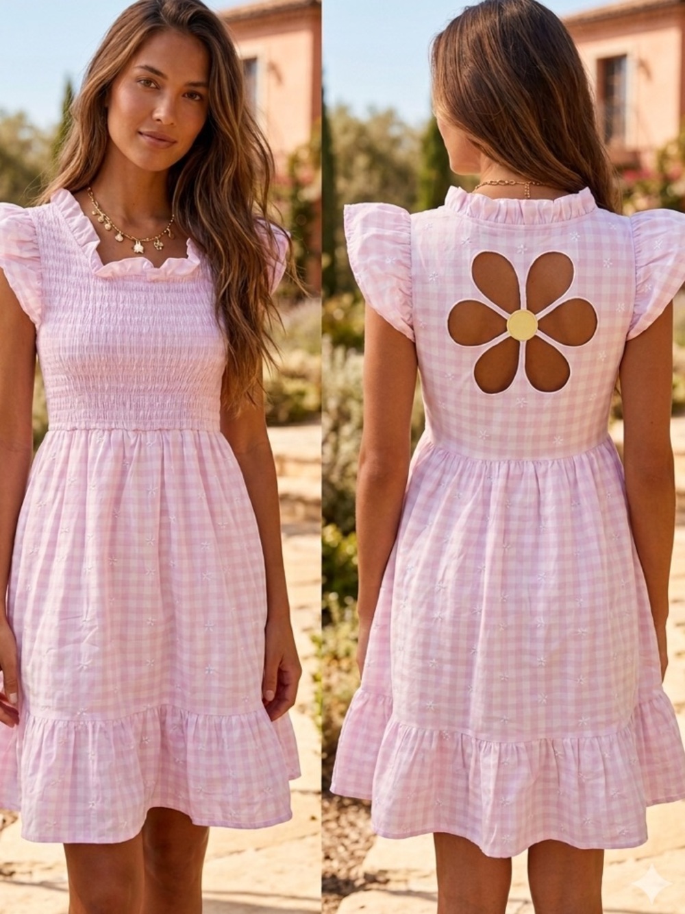 Dondolo Marguerite Daisy Cutout Dress in Floral Embroidered Pink Gingham XS New